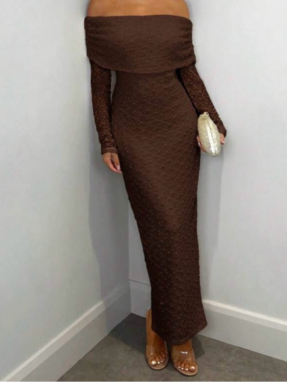 Off-Shoulder Brown Maxi Dress
